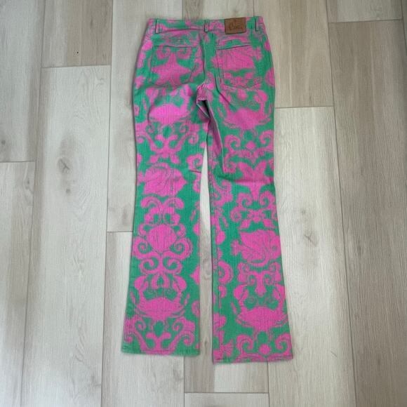 Lilly Pulitzer Rare Vintage Where's The Reef  Pink Green Jeans Sz 4 Flare - Picture 9 of 10